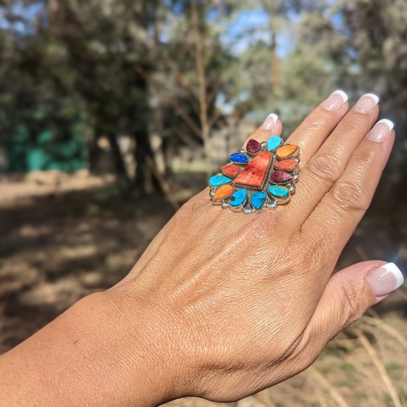 Navajo Sterling Silver Ring w Turquoise Spiny Oyster Cluster stones sz 6.5 - Picture 4 of 10